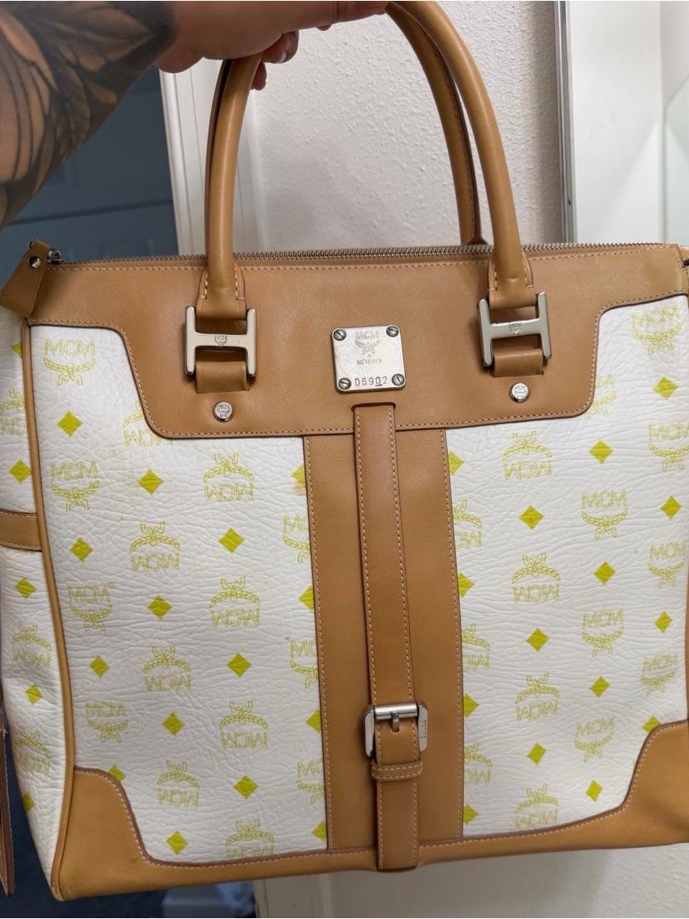 MCM Visetos Leather-Trim Tote in White and yellow